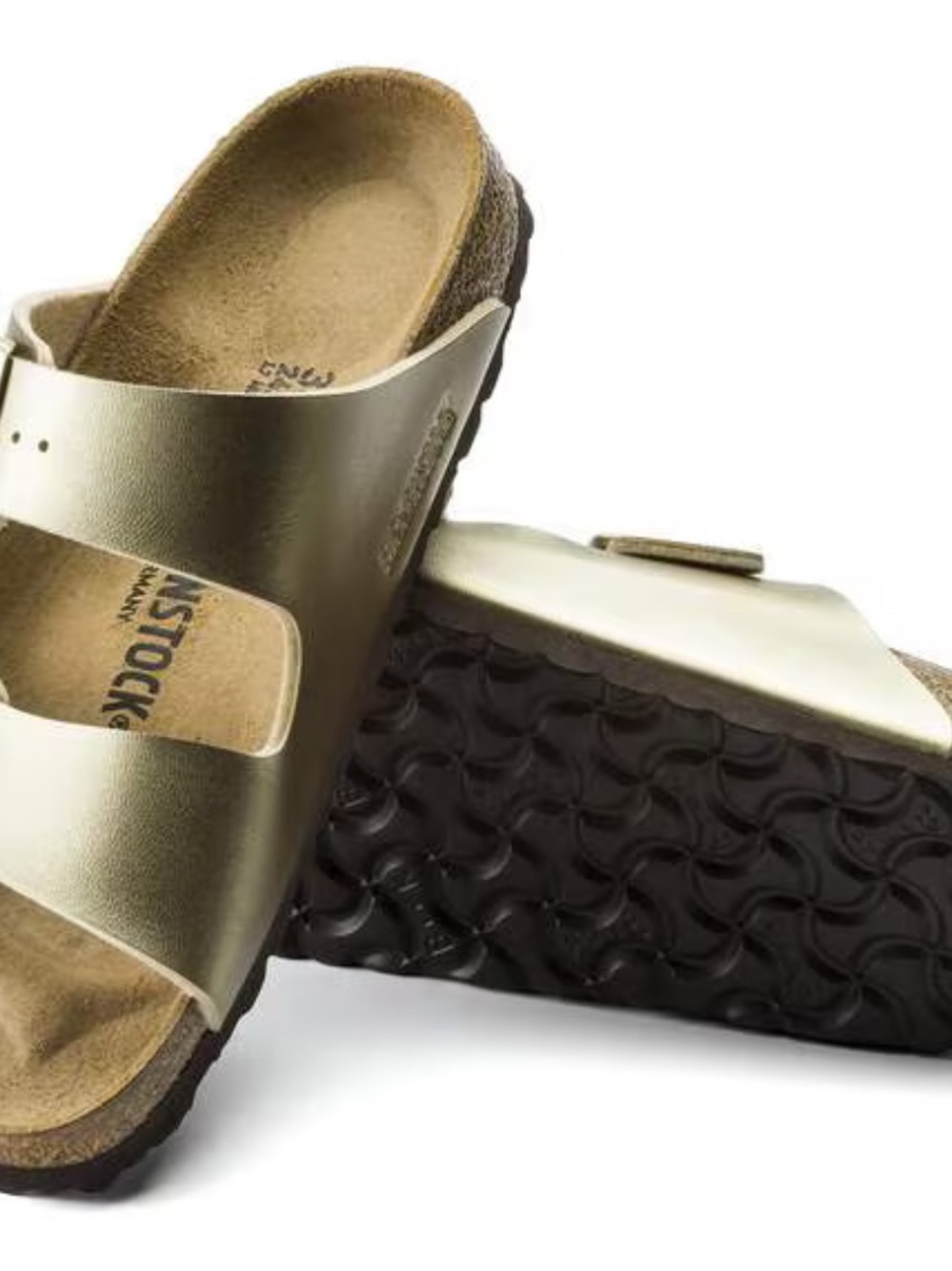 Birkenstock Two-Strap Sandal in Metallic Gold and Brown Footbed